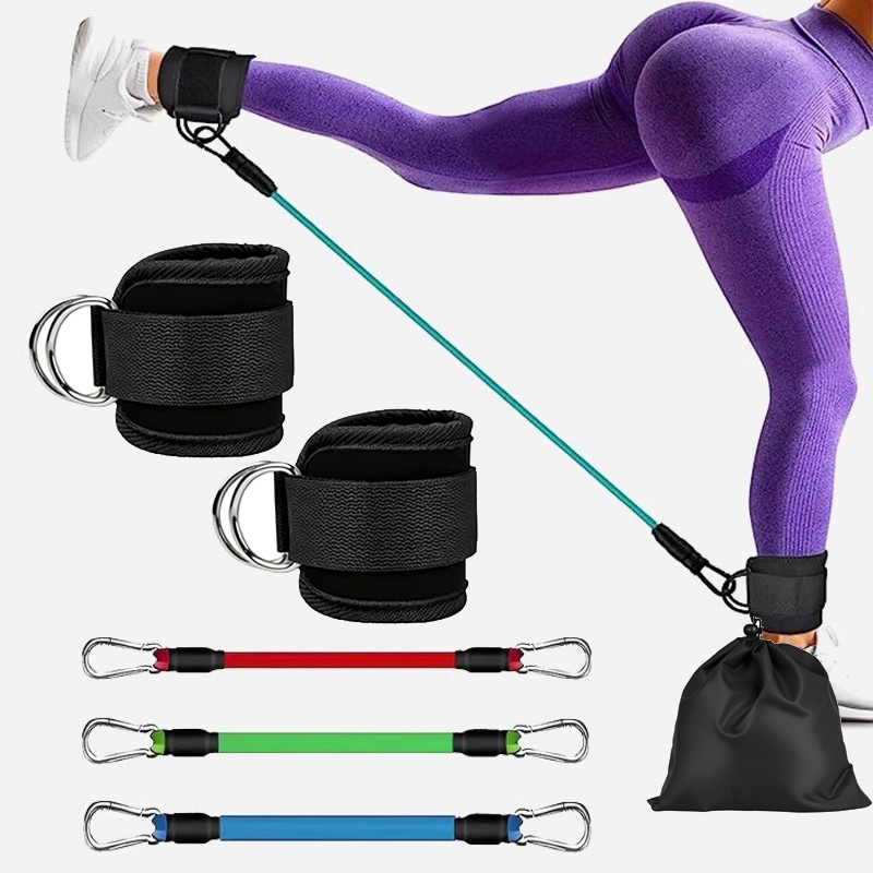 Home Gym Equipment Set - เครื่องเคเบิลสายรัดข้อเท้า พร้อมชุดยางยืดต้านแรง ปรับระดับได้ พกพาสะดวก อุปกรณ์ฟิตเนสสำหรับฝึกกล้ามเนื้อสะโพกและขา สำหรับโฮมยิม