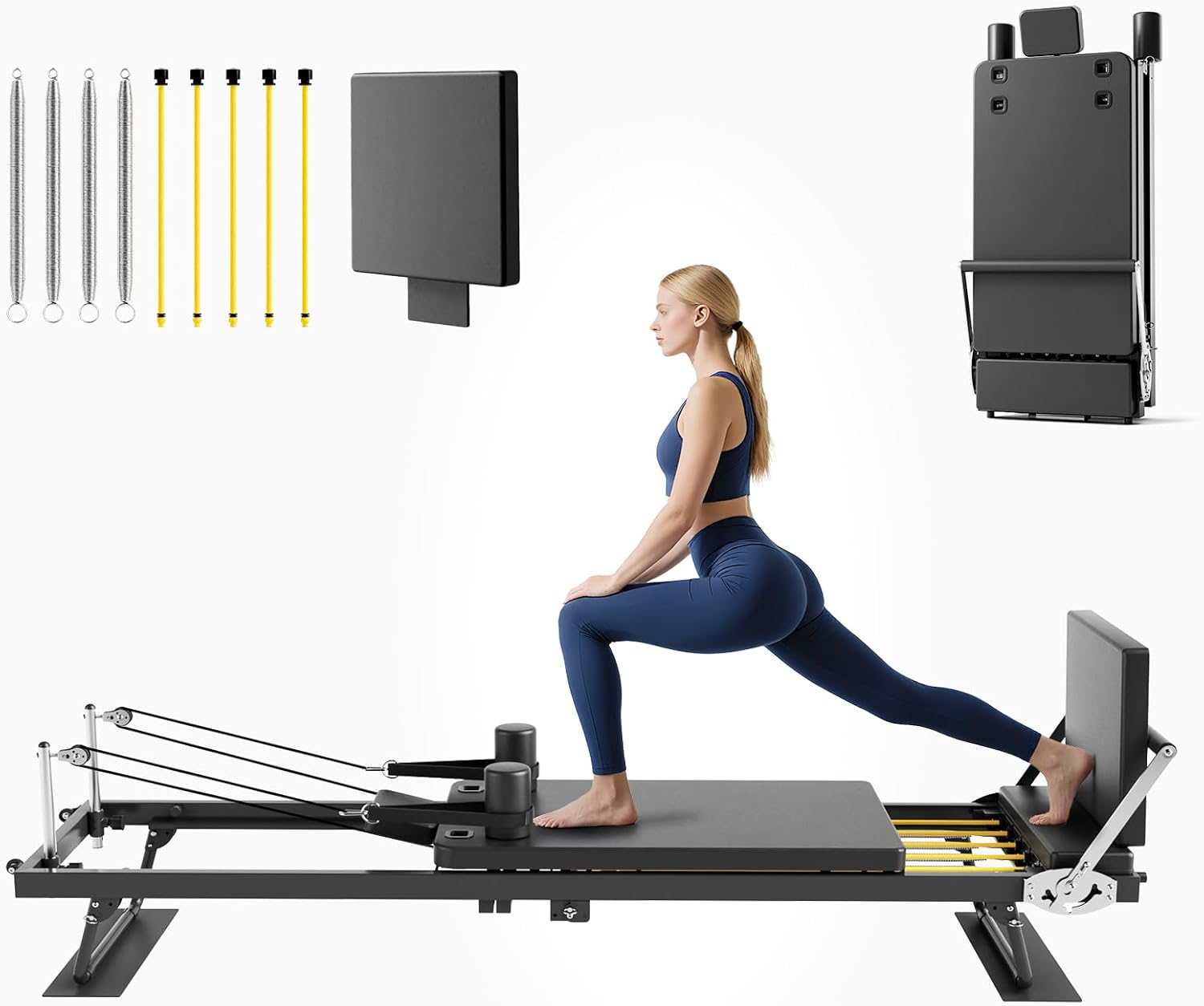 Leg Home Gym Workout - เครื่องพิลาทิส รีฟอร์มเมอร์แบบพับได้, อุปกรณ์ออกกำลังกายที่บ้านสำหรับการออกกำลังกายทั่วร่างกาย, แพลตฟอร์มระบบแรงต้านคู่พร้อมกระดานกระโดด, สไตล์มินิมอลทันสมัย, สีดำ,